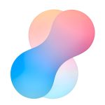 Figura abstracta formada por dos círculos superpuestos, conectados por una fusión orgánica en forma de reloj de arena. Los colores van de tonos cálidos (naranja y rosa) a fríos (azul y celeste), creando un efecto de degradado suave sobre fondo blanco.