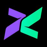 Logotipo abstracto compuesto por dos formas geométricas en colores morado y verde neón, dispuestas en diagonal y orientadas en direcciones opuestas, sobre un fondo negro. El diseño transmite dinamismo, energía y competencia.