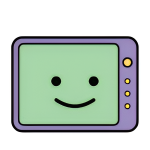 Ilustración de una pantalla o monitor rectangular de color verde claro con borde morado. La pantalla muestra una carita sonriente con dos ojos negros y una sonrisa sencilla. A la derecha del marco, hay cuatro botones circulares de distintos tamaños en color amarillo.