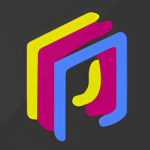Logotipo abstracto compuesto por tres figuras geométricas superpuestas en colores amarillo, magenta y azul. Las formas tienen bordes redondeados y simulan hojas abiertas o carpetas entrelazadas, sobre un fondo gris oscuro, transmitiendo dinamismo y creatividad.