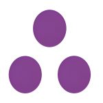 Tres círculos sólidos de color morado dispuestos en forma triangular sobre fondo blanco, con un círculo en la parte superior y dos en la base, creando una composición simple y equilibrada.