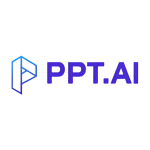 Logotipo de “PPT.AI” sobre fondo blanco. A la izquierda, un ícono geométrico azul en forma de “P” tridimensional con líneas angulares. A la derecha, el texto “PPT.AI” en mayúsculas y en color púrpura, usando una tipografía moderna y sólida que evoca tecnología e innovación.