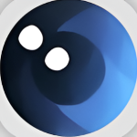 Ícono de un ojo estilizado en tonos azul oscuro y azul brillante, con dos reflejos blancos pequeños en la parte superior izquierda del iris. El borde exterior es blanco, destacando sobre el fondo claro. El diseño transmite sensación de observación, tecnología o visión artificial.