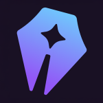 Ícono de una plumilla de estilográfica estilizada en degradado azul a morado, sobre fondo negro. El centro de la plumilla presenta una figura de estrella hueca, evocando creatividad, escritura e inspiración digital.